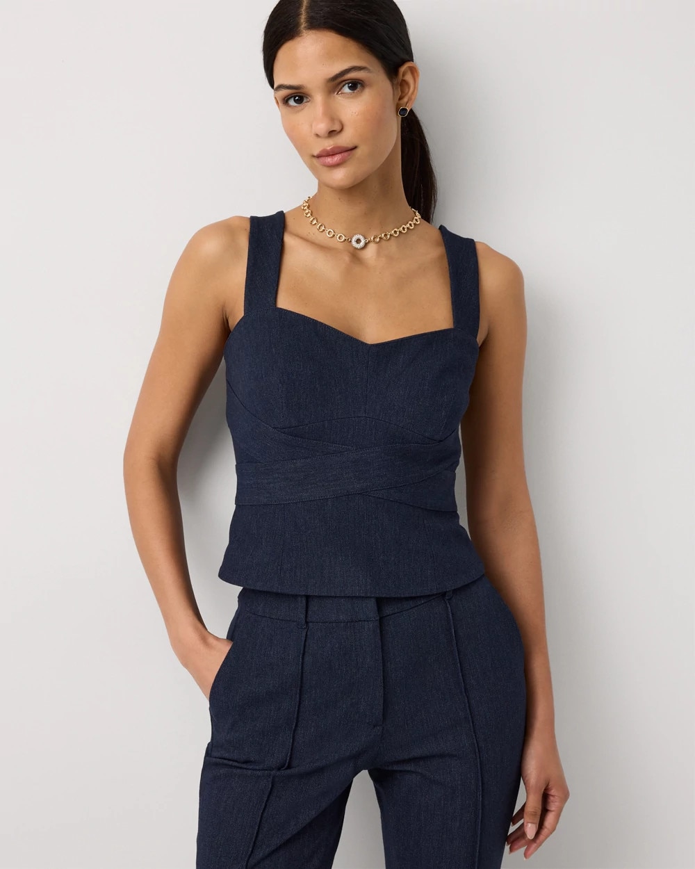 Denim-Look Wrap Detail Bustier | White House Black Market